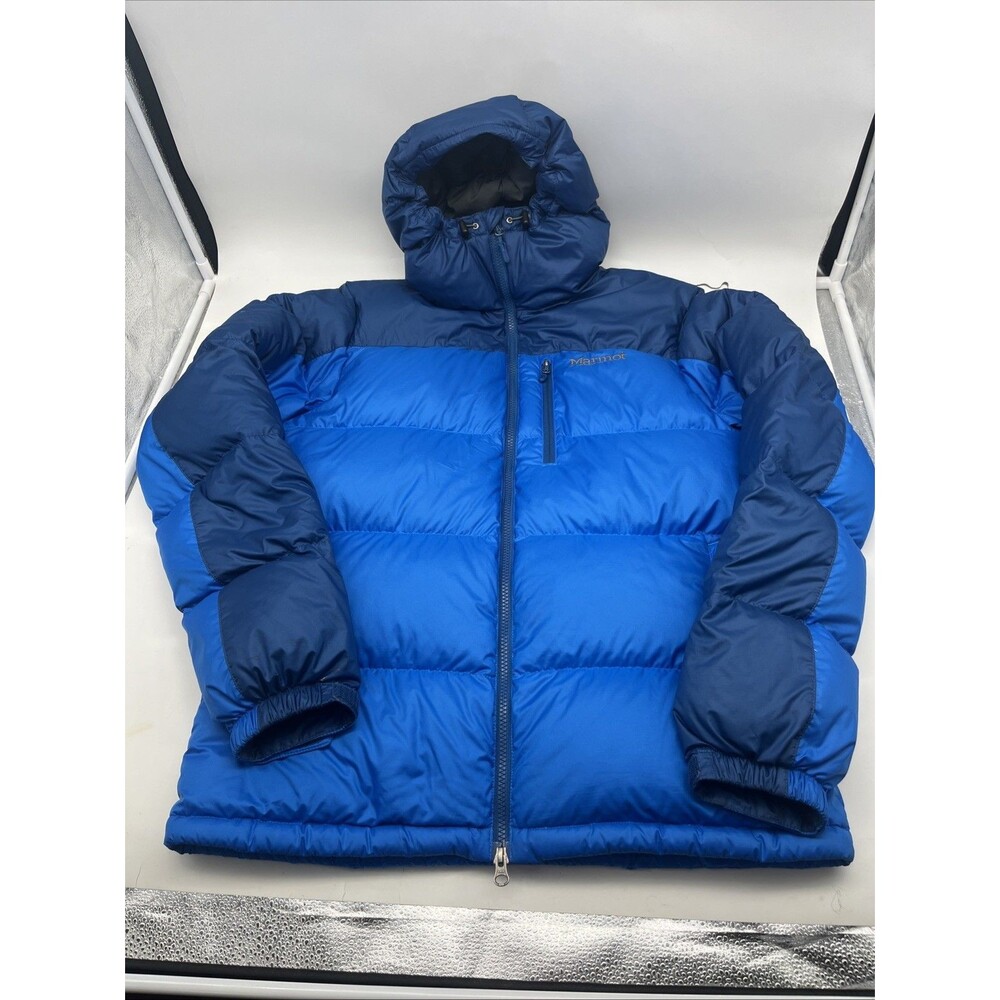 Marmot Down 700 Fill Jacket Womens Medium Blue Hooded Puffer Polartec Ski 2020